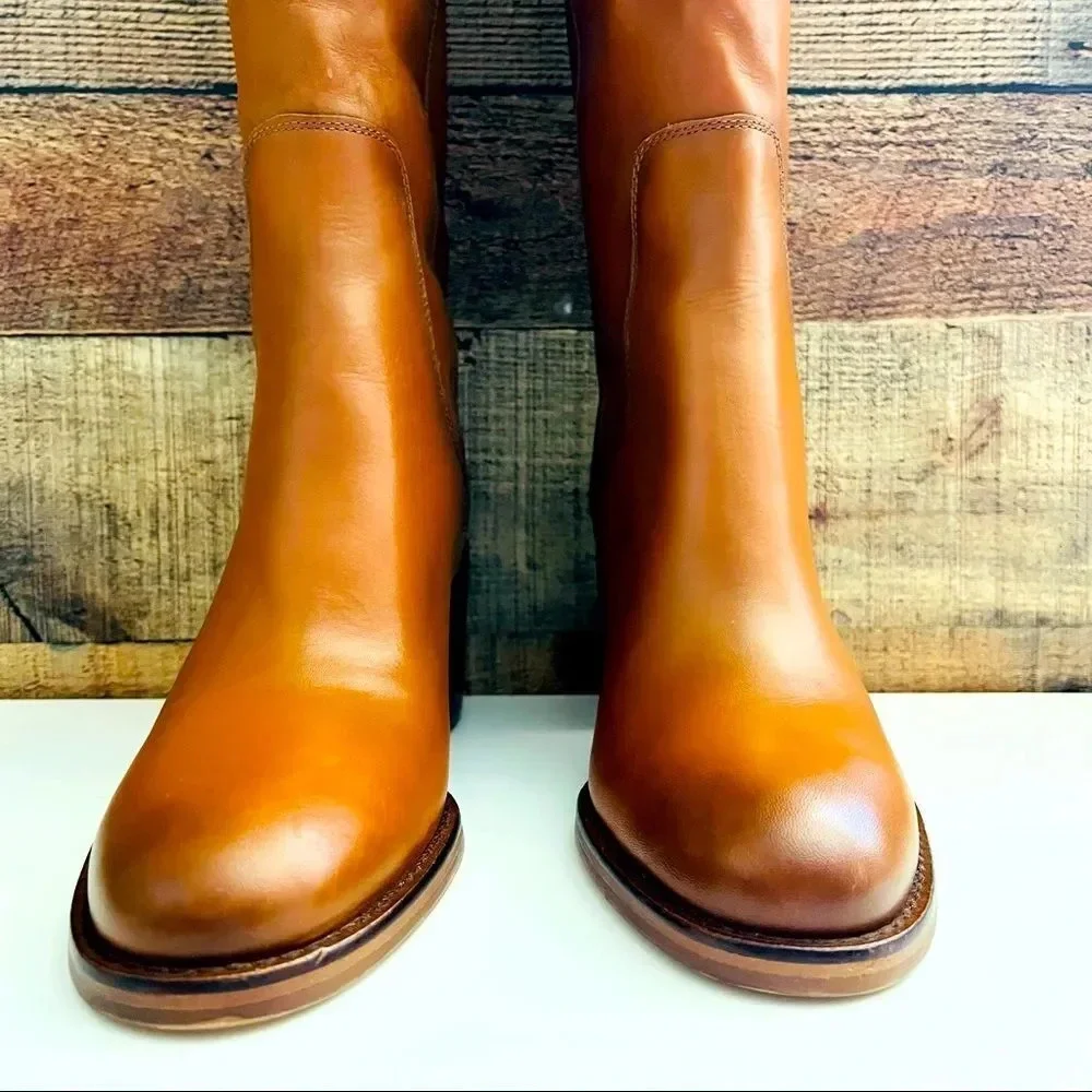 NWOT Zara Cognac Leather Block Heel Knee High Boots